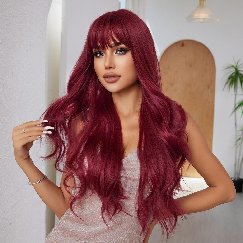ALAN EATON Long Curly Wavy Red Synthetic Hair Wigs with Bangs Long Women Darty Wigs Daily Cosplay Wig Heat Resistant Fiber Wigs