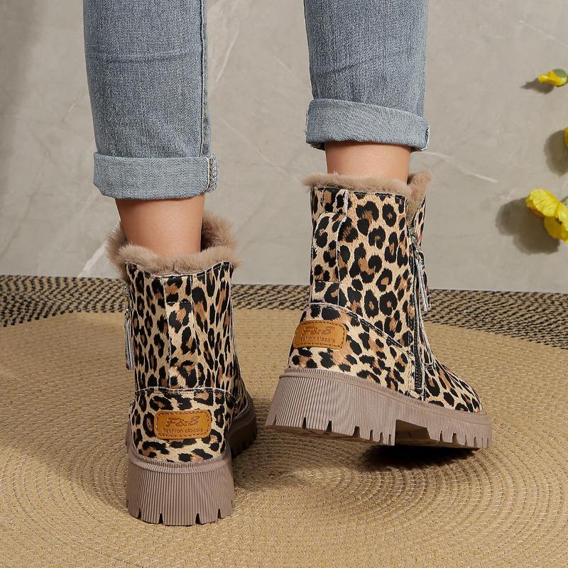 Shoes for Women Fashion Winter New Round Toe Women Boots Leopard Print Short Barrel Chunky Heels Zipper Plus Size Boots Women