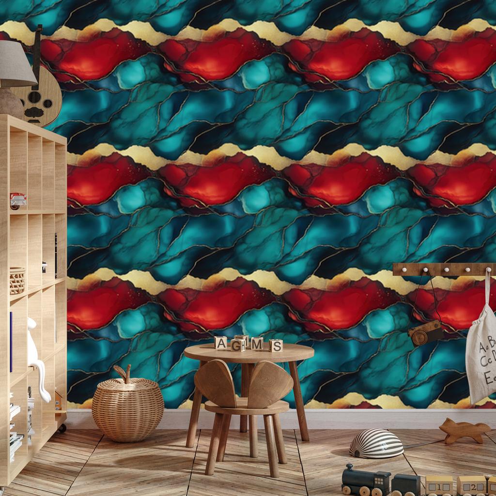 Ink Wallpaper Turquoise, Red and Burgundy for Living Room and Bedroom 50x1000