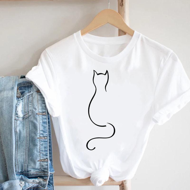(European Size) Animal Pet T-shirt Lady Cartoon T Tee Top Women Print Fashion Clothes Female Clothing Short Sleeve Cat Graphic T-shirt