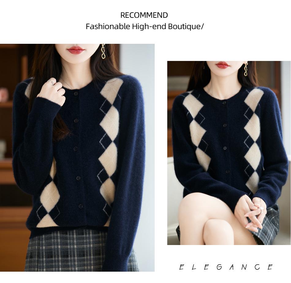 Women's 100% Wool Cashmere Cardigan, Round Neck, Loose Knit, Soft Thickened Coat for Autumn/Winter.