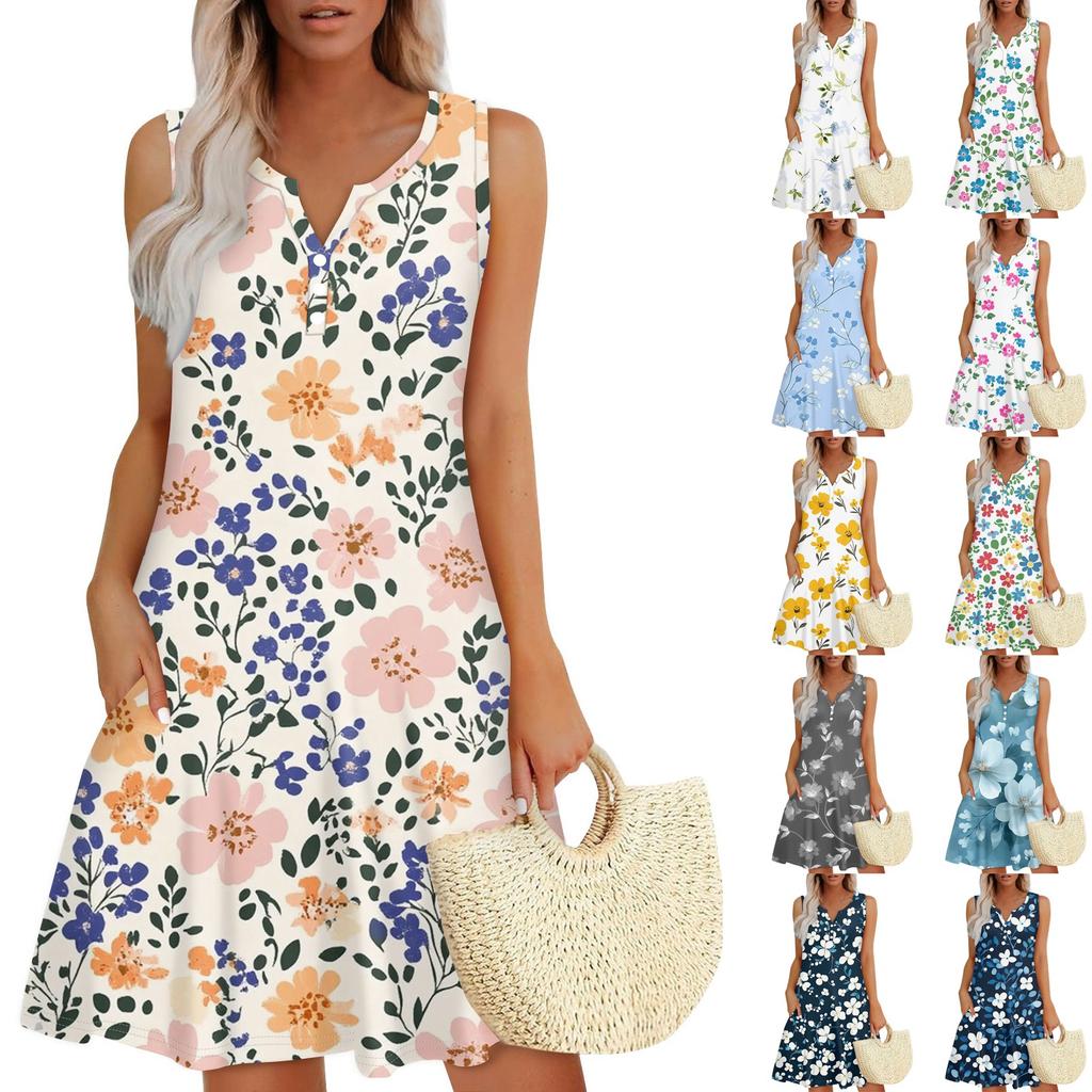 Women's Summer Casual V-Neck Floral Button Dress With Pockets