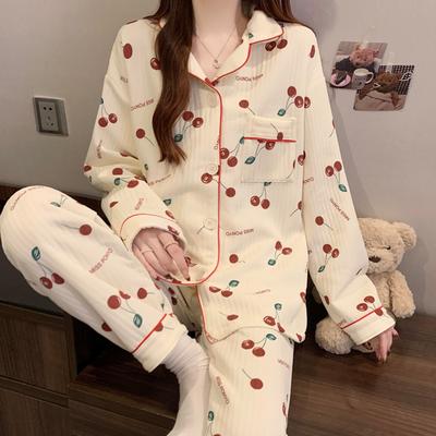 Casual Simple Cherry Print Women's Pajamas Set Long Sleeve Top & Elastic Waist Pants Pajamas Lapel Neck Design Nightwear