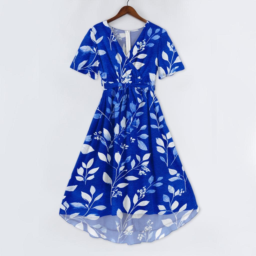 Women's Casual V Neck Short Sleeve Floral Print Dress Lightweight Summer Midi Dress with Elastic Waist and Flared Skirt for Daily Wear