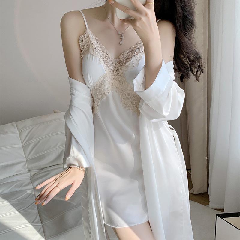 Women's Ice Silk Satin V-Neck Pajama Set - Three-Piece with Spaghetti Straps, Shorts, Robe, and Breast Pads
