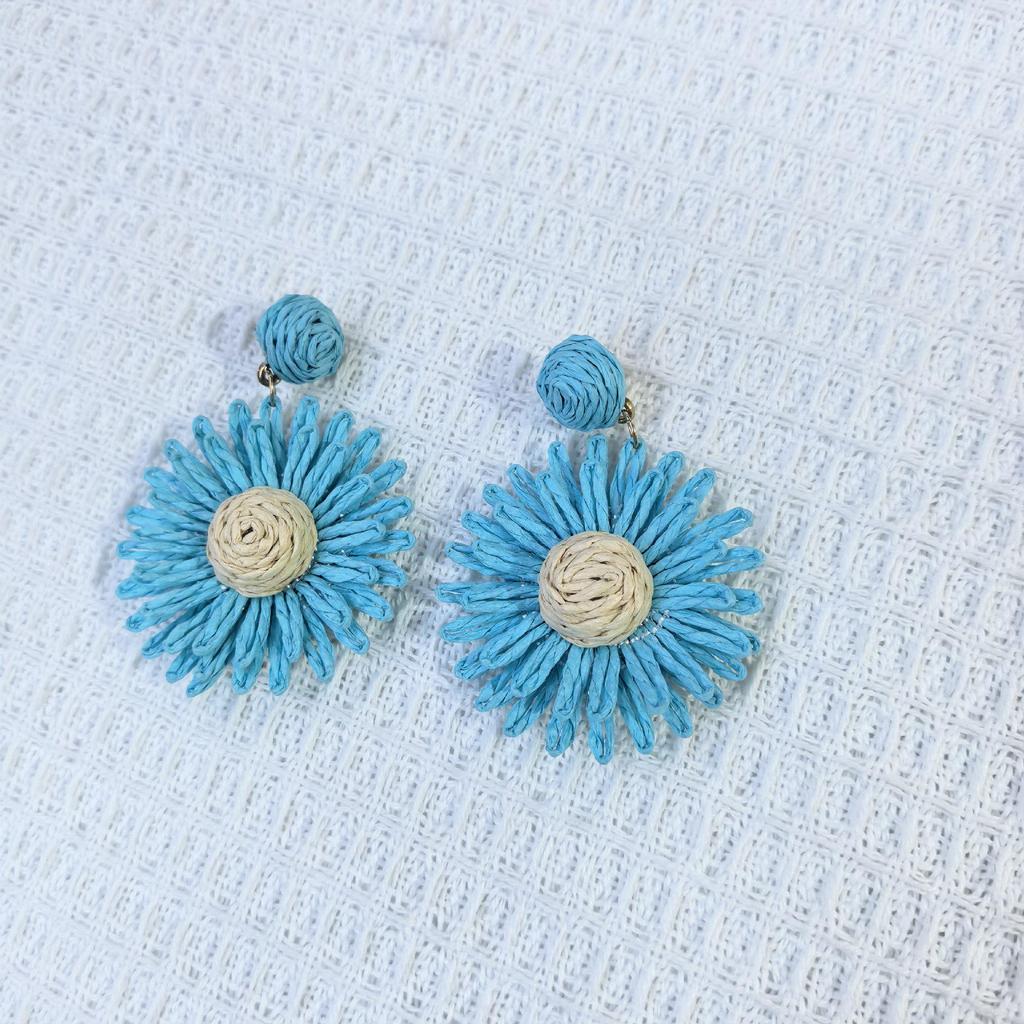 Handmade Raffia Flower Earrings with Steel Posts - Niche European & American Fashion Accessory