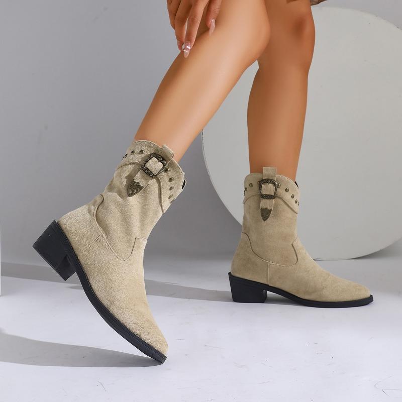 Women's Retro Short Boots Faux Suede Chunky Heel Pointed Toe V-Cut Cross-Border Large Size Spring Autumn Ankle Booties