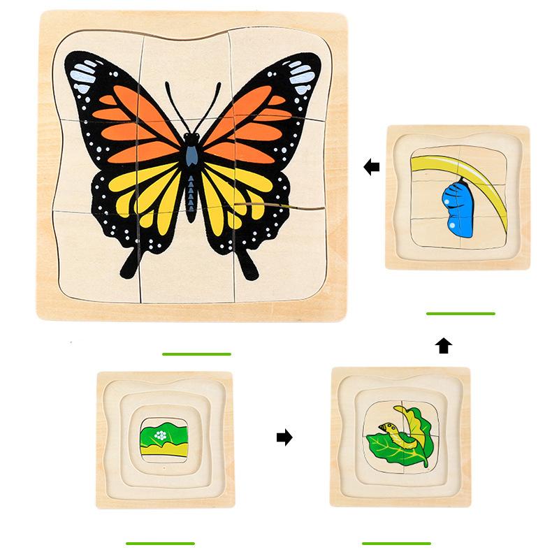 Wooden Kids Animal/ Plant Life Cycle 3D Puzzle Toy Montessori Teaching Aids Multi-Layer Jigsaw Early Learning Toys For Preschool