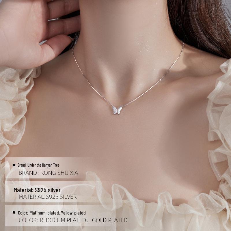 Banyan Tree S925 Silver Butterfly Necklace - Trendy Bowknot Clavicle Chain for Women