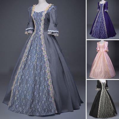 Women Performance Dress Stage Show Retro Royal Style Lace Bow Decor Bell