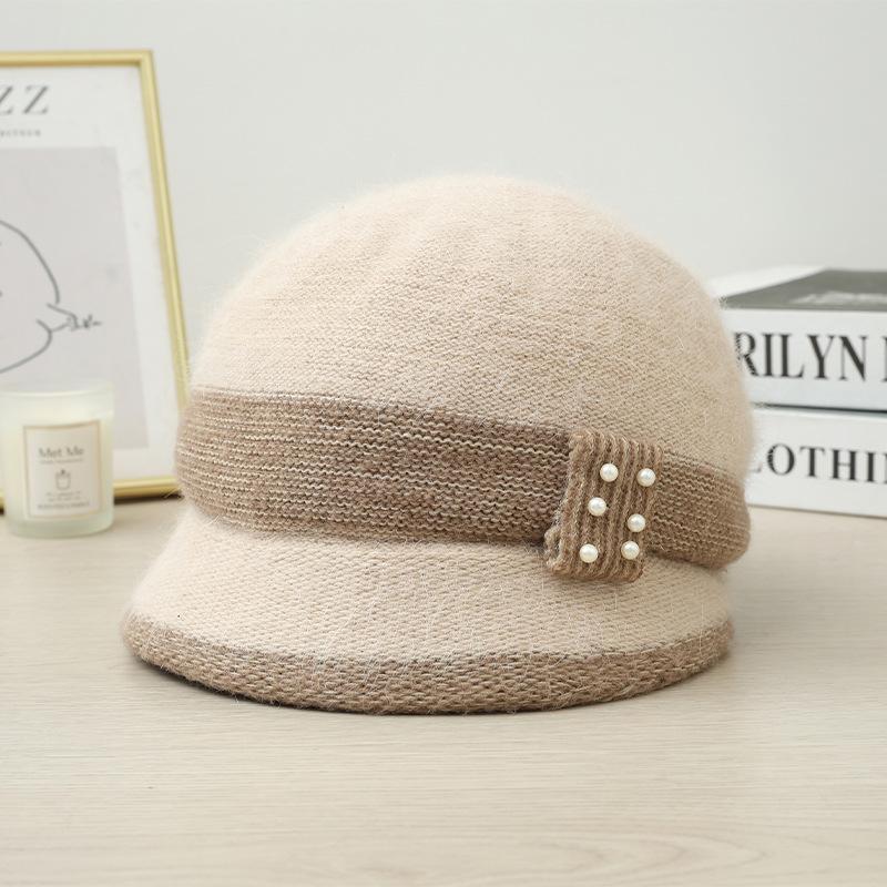 Autumn and Winter Middle Aged and Elderly Hats for Women  Pearl Ribbon and Velvet Rabbit Hair Equestrian Hat  Cold Proof and Warm Knitted Scarf Set