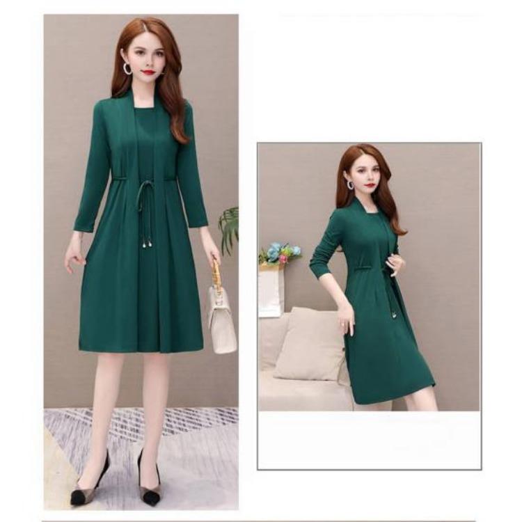 Elegant Plus Size Lady Dress Formal Office Commuting Midi Dress Long Sleeve A-line Lace-up Strap Fake Two-piece Style