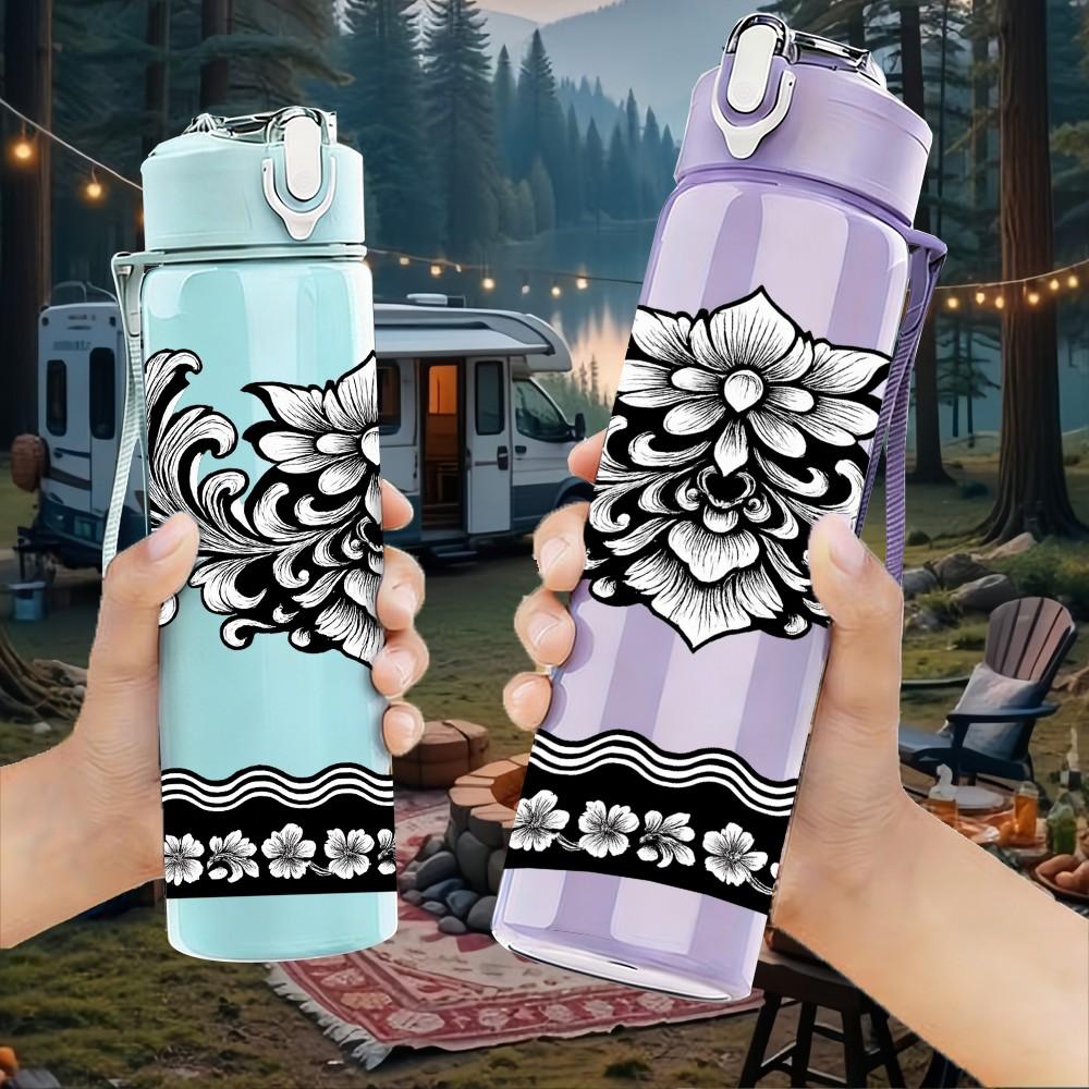 1PC Black White Lace Damask Ornament Print 750ml Color Plastic Sports Water Bottle Leakproof Flip Straw Lid Suitable for Sports Office Home Use