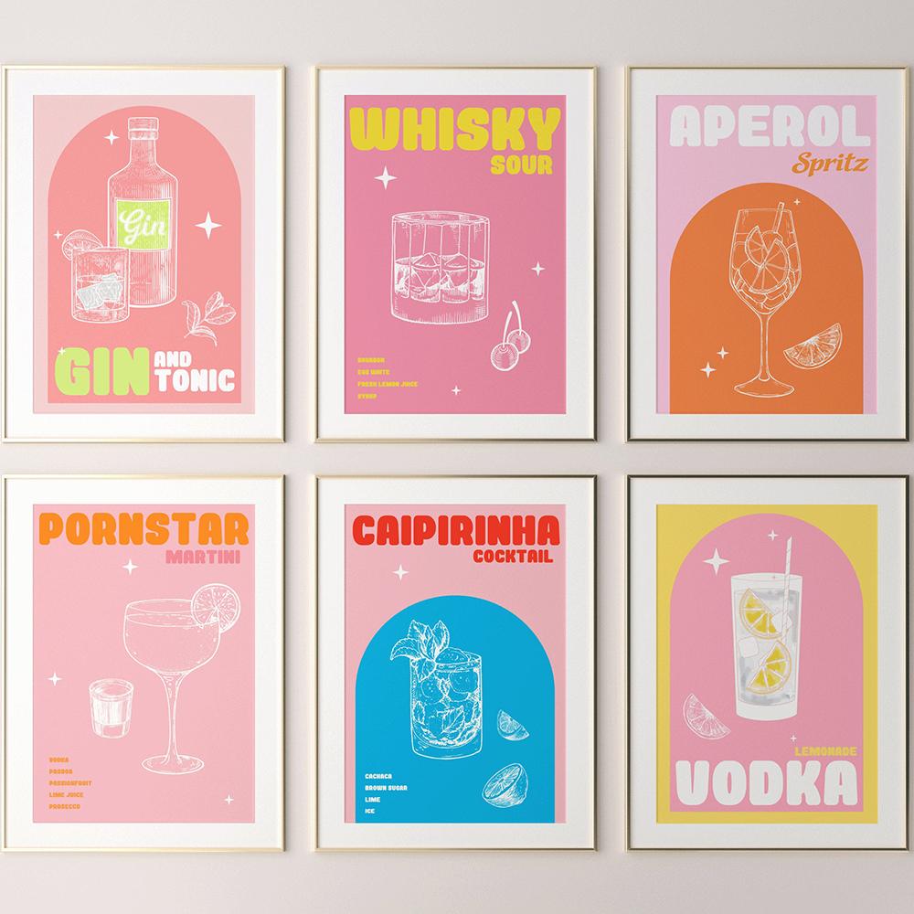 Wine Kitchen Poster Print Cocktail Liquor Drink Canvas Print Vintage Wall Art Painting Pictures Dining Room Restaurant Bar Decor
