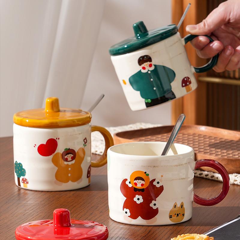 A Family of Cute Ceramic Cups  High Value  Large Capacity  High Temperature Resistance  Mugs Lid Spoon  Water Cups Household Use Set
