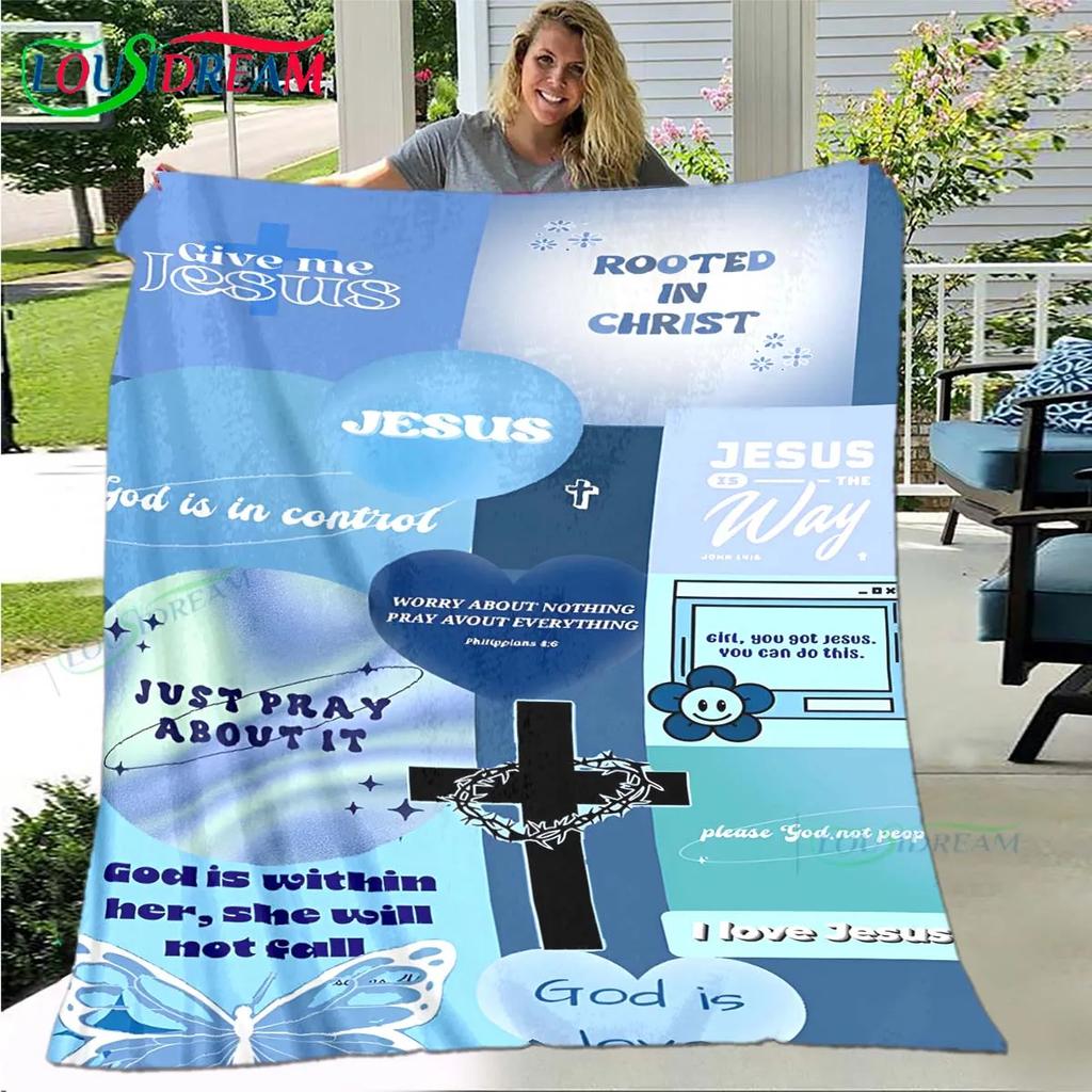 Fashion Bible Verses Jesus Pattern Blanket Flannel Thin Blanket Portable Home Travel Office Lunch Break Blanket Birthday Gift