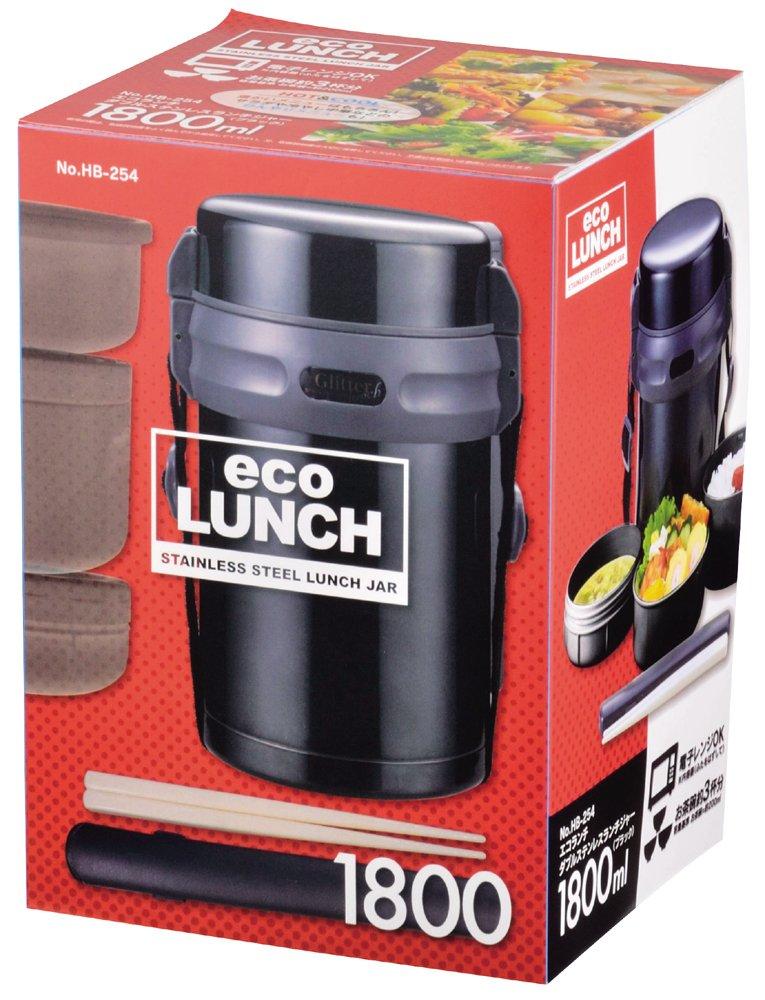 Pearl Metal Insulated Lunch Holds Approximately 3 Rice Double Stainless Steel Lunch Eco Box, Bowls, Jar, 1800mm, Black, Lunch, HB-254