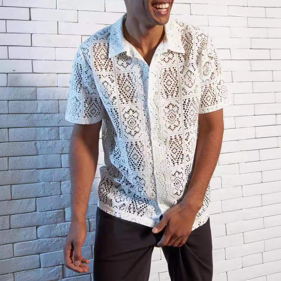 Herren Mesh Aushöhlendes Kurzarm Freizeit Hemd mit Knöpfen - Sommer Durchsichtiges Twist-Design