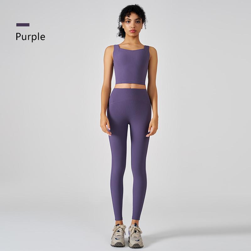 

Штаны для йоги для женщин, ребристый квадратный вырез, майка без рукавов, спортивная одежда для фитнеса S фиолетовый