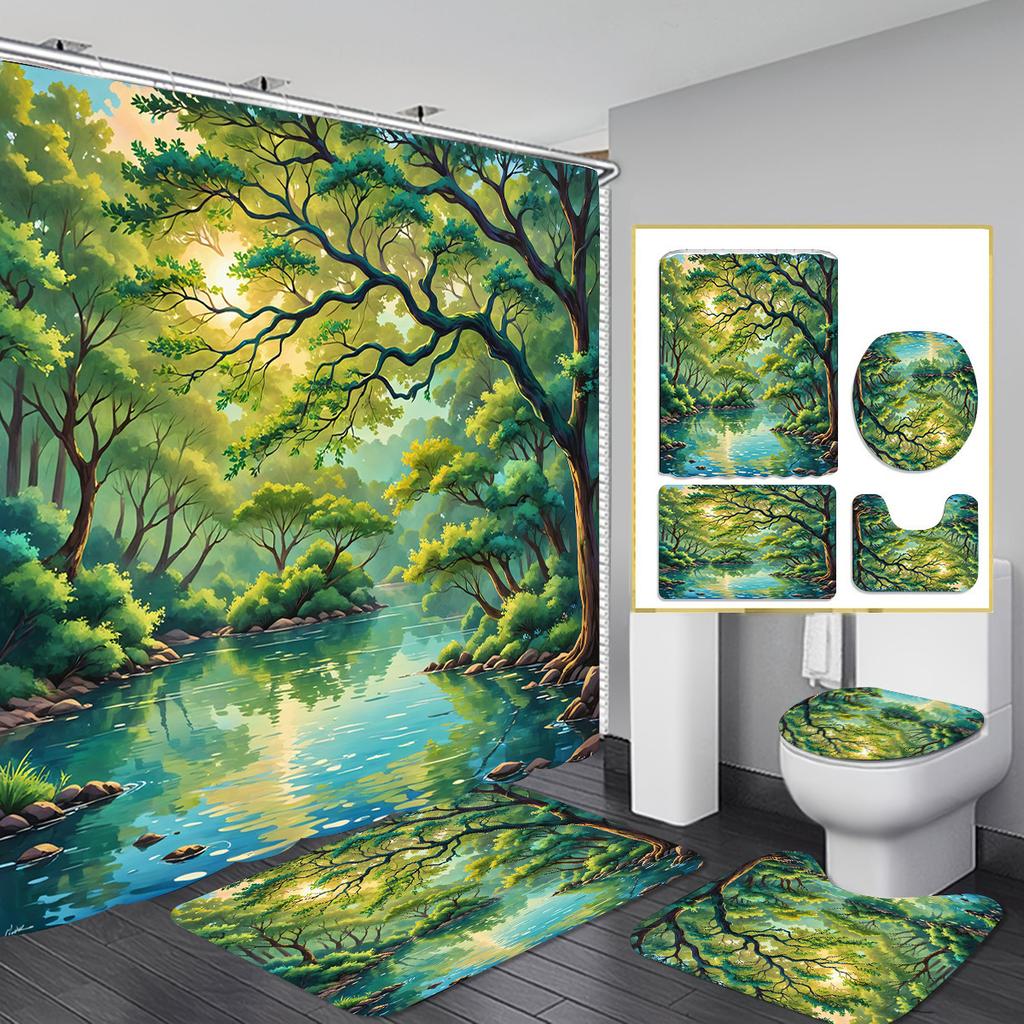Christmas Shower Curtain Four-Piece Non-Punching Partition Curtain Digital Printing Bathroom Decoration Curtain