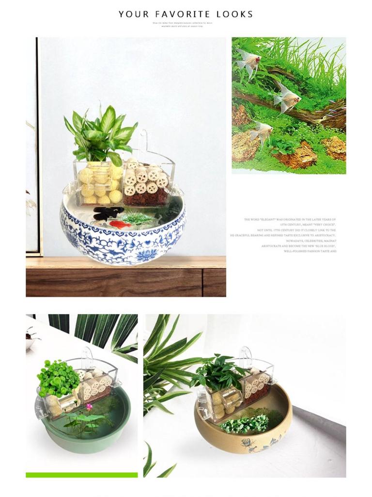 Round Glass Fish Tank: 3-in-1 Silent Filter, Oxygenator, and Waterfall Box with Ceramic Trickle Media.
