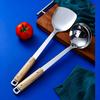 Non-Magnetic Stainless Steel Kitchen Utensil Set: Soup Ladle, Thickened Stir-frying Spatula, and Angled Wooden Handle Spatula.