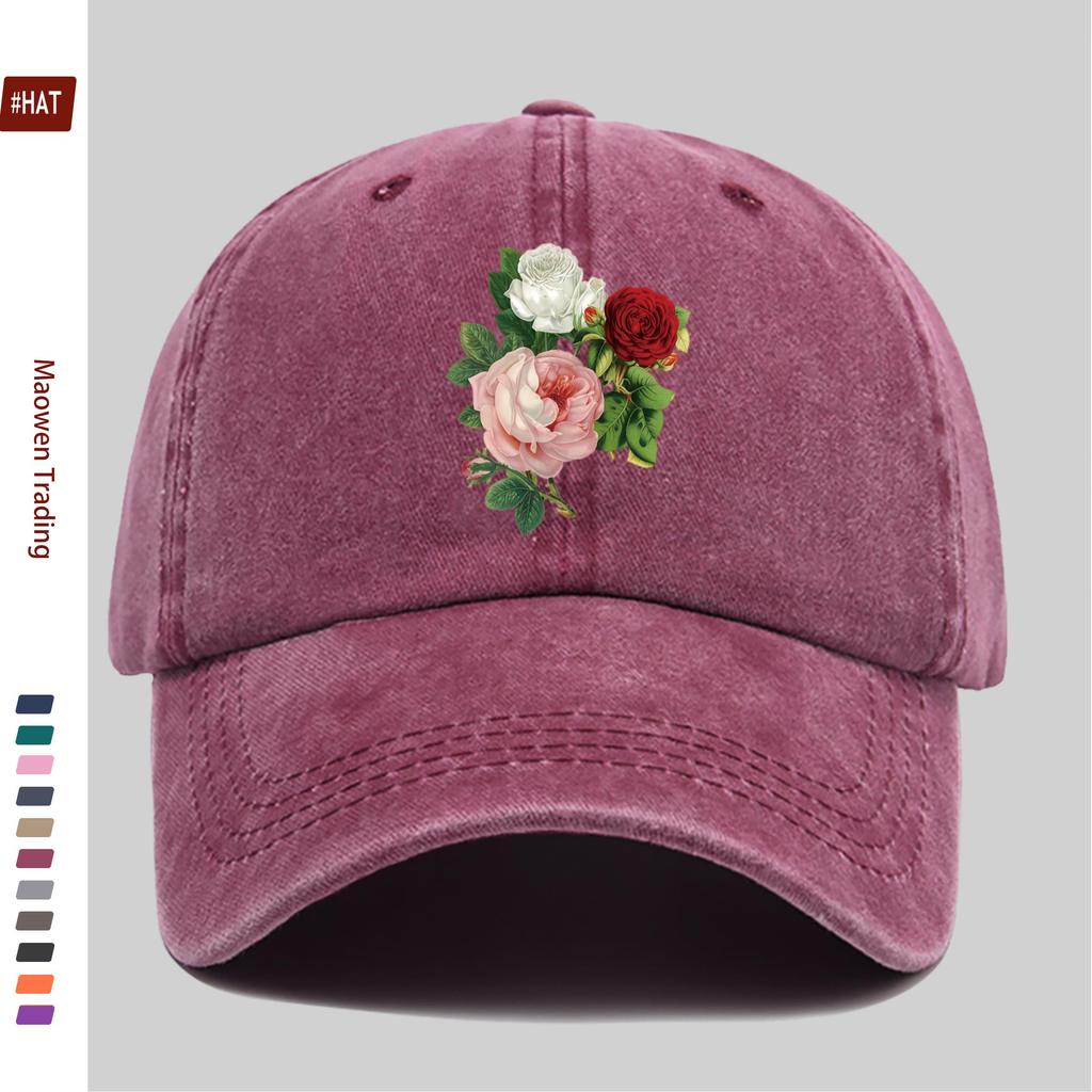 pc Creative White Rose Floral Print Baseball Cap Breathable and Lightweight HipHop Hat with Red and Pink Flower Patterns Wom