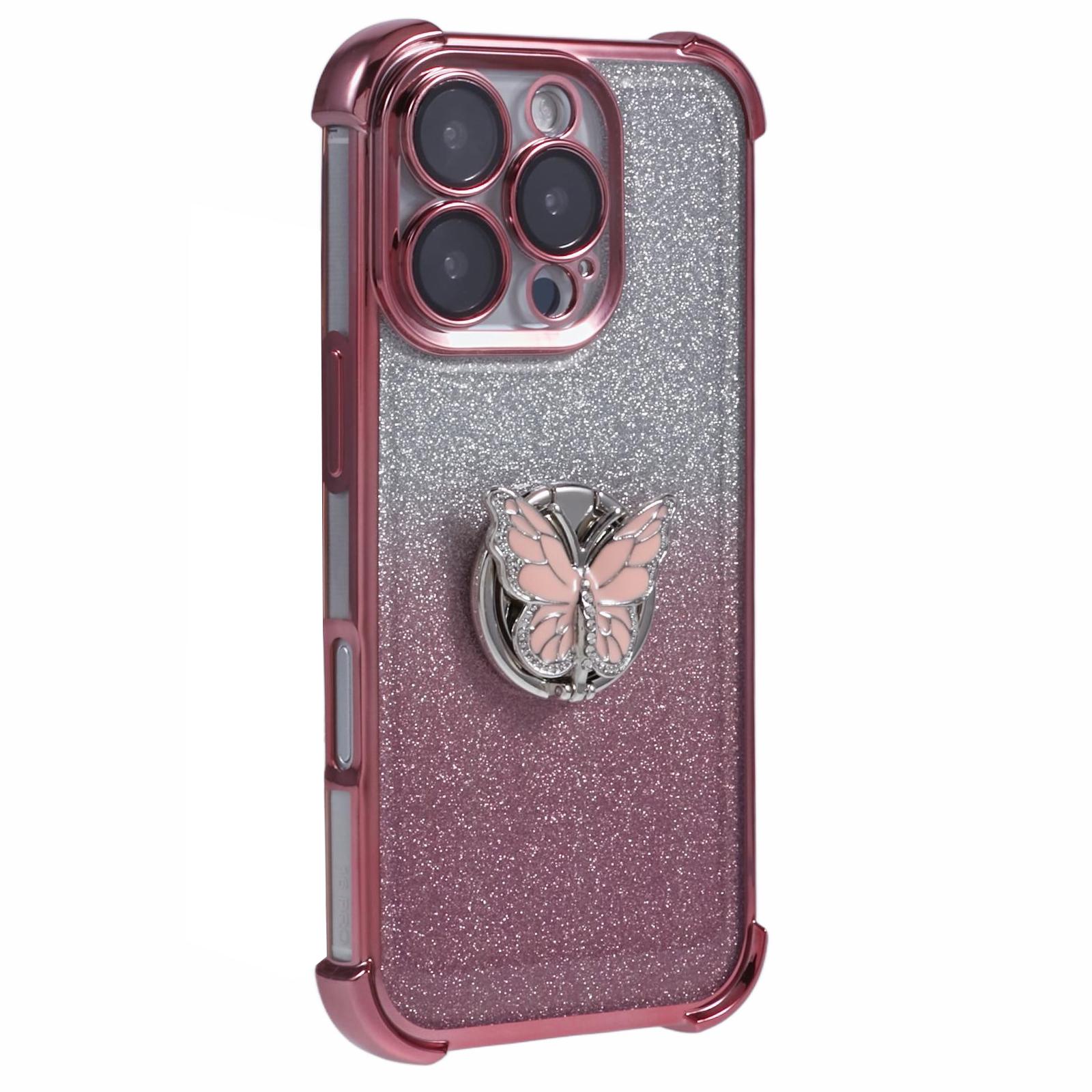 

For iPhone 16 Pro Max Case Butterfly Kickstand Glitter TPU Shockproof Phone Cover Pink
