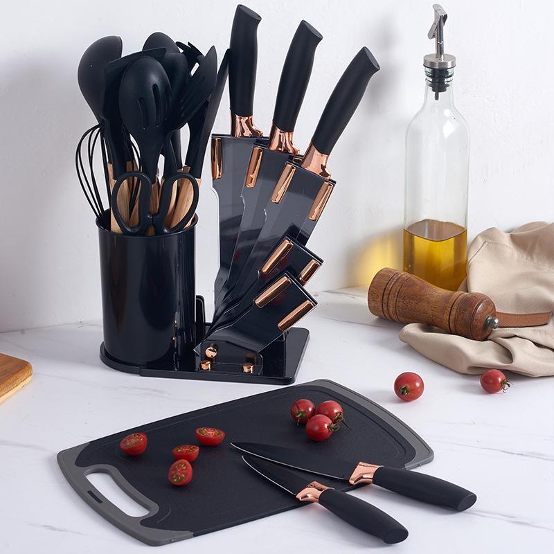 19-Piece Wooden Handle Silicone Kitchen Utensil Set with Spatulas, Spoons, Storage Bucket, and Knife Set