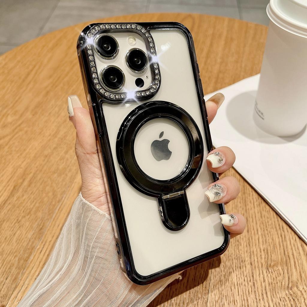 Suitable for Iphone15 Phone Case, Lens Flash Diamond, Apple 14promax, Gradient Feather, 13 Metal Stand, Hard Shell