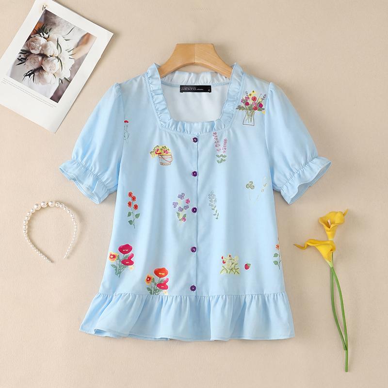 ZANZEA Women Casual Square Collar Loose Floral Prin Short Sleeve Blouse