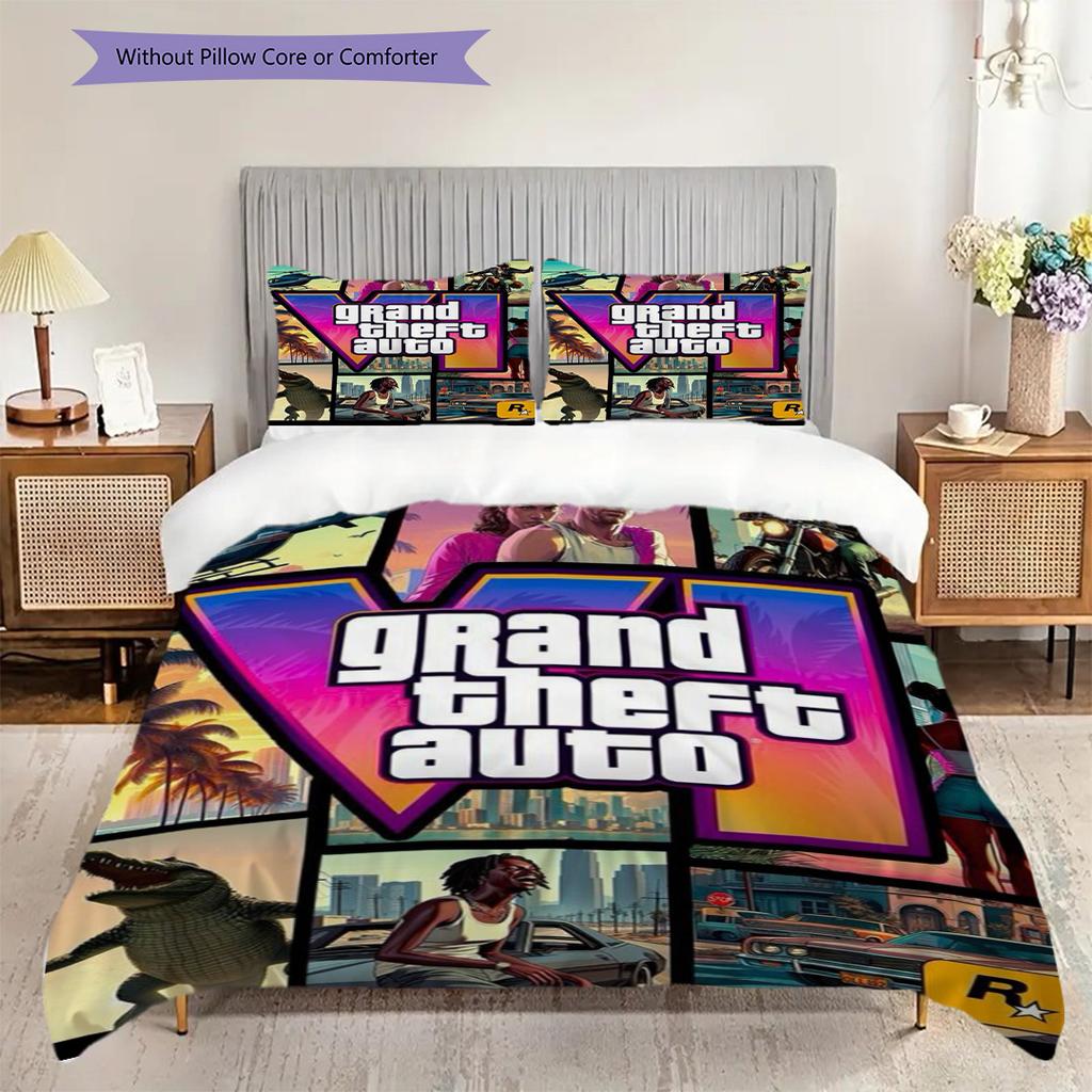 Vibrant Collage Grand Theft Auto V Characters Bedding (1 * Duvet Cover + 2 * Pillowcase, Without Core) 2D Flat Christmas Birthday Gift Bedding Set