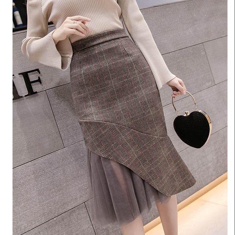 Women High Waist Plaid Bodycon Pencil Skirt Autumn Versatile Fish Tail Midi Skirt