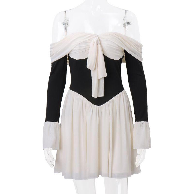 

Fashion Ins New Fashion Sexy French Style Tube Top Bell Sleeve Short Skirt Sexy Open Back Temperament Waist-Controlled Dress White S