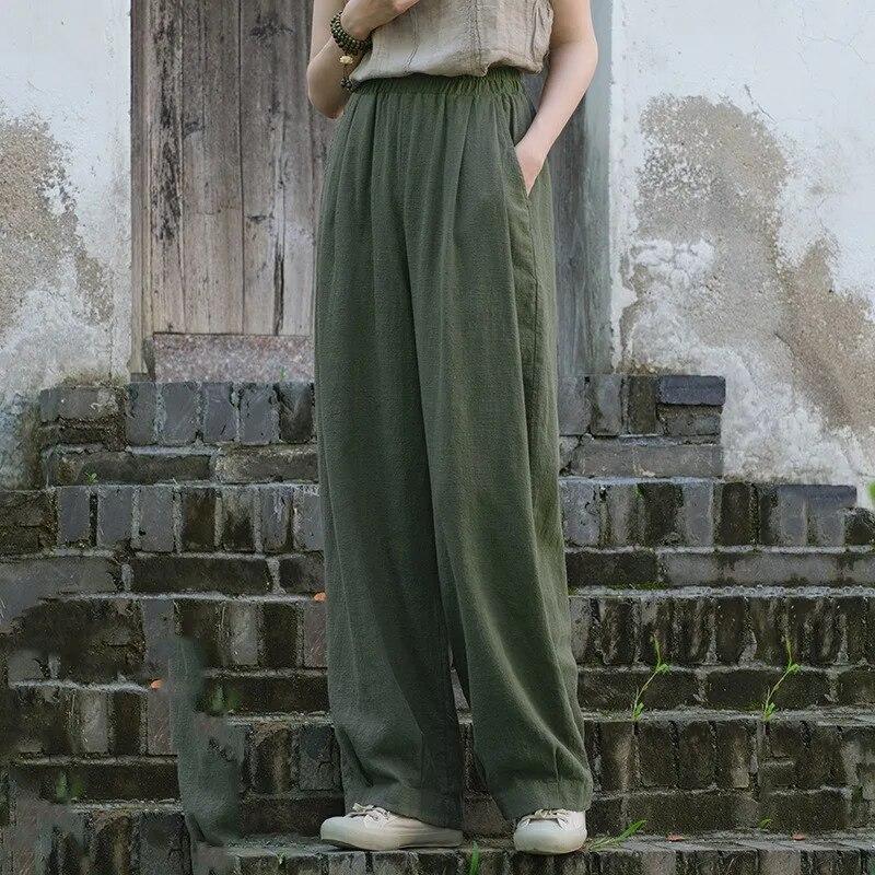 Johnature Women Vintage Straight Pants Elastic Waist Autumn Trouser Solid Color Loose Casual Women Long Pants