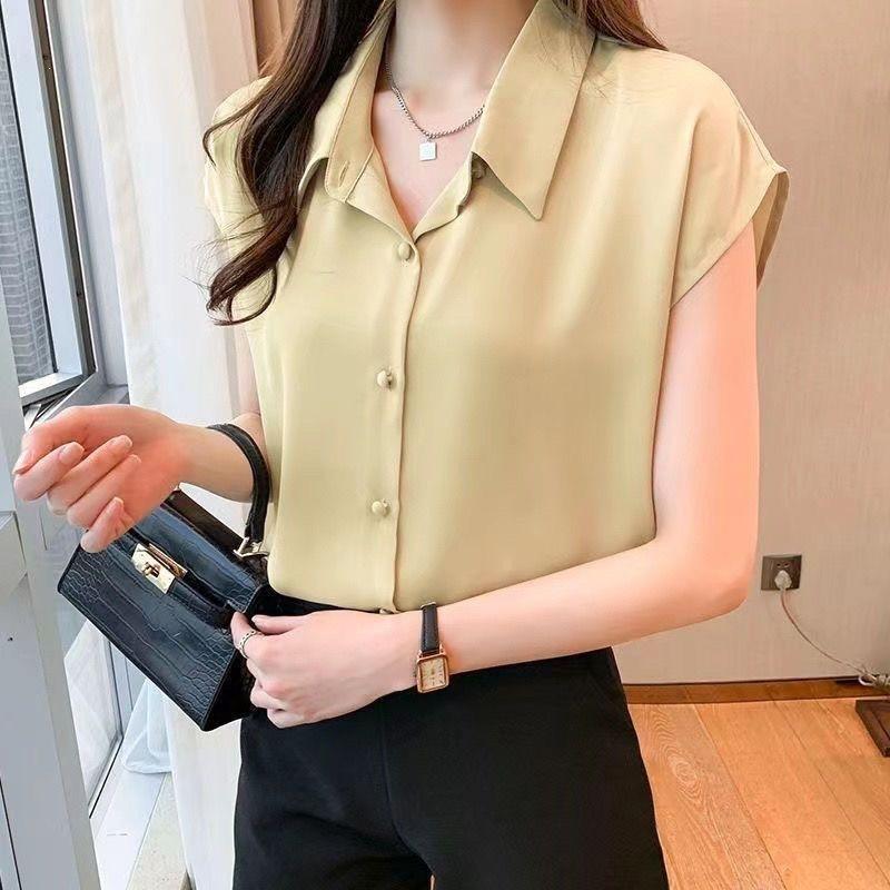 WTEMPO Women Short Sleeve Shirt Lapel V Neck Smooth Loose Elegant Office Commuter Solid Color Summer Blouse Top