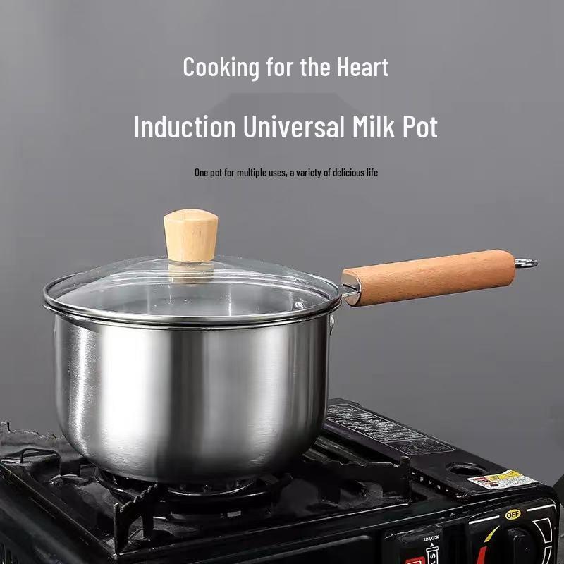Stainless Steel Milk & Baby Food Pot with Thickened Base and Wooden Handle, Multi-functional Steamer Pot
