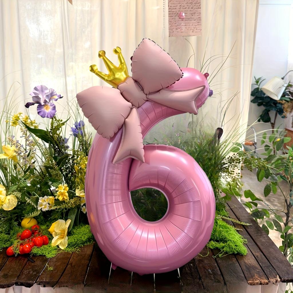 Pink Crown-Shaped Number Balloons And Pink Bow-Shaped Foil Balloons, for Decorating Birthday Parties, Anniversaries Celebrations