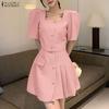 ZANZEA Women Casual Short Sleeve Blouse and Short Skirts Elegant Two Piece Suit Sets