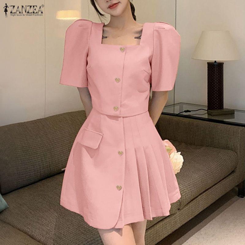 ZANZEA Women Casual Short Sleeve Blouse and Short Skirts Elegant Two Piece Suit Sets