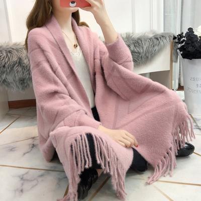 Imitation Mink Velvet Knitted Fringed Cape Shawl Thickened Warm Cape Cardigan Loose Coat Women