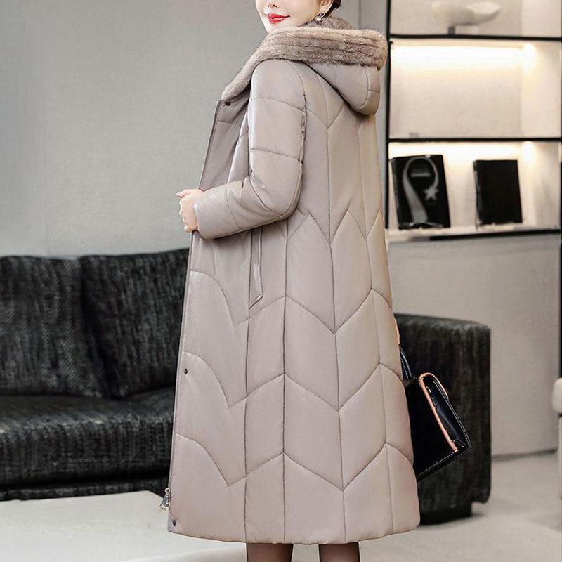 Winter Genuine Leather Jacket  Windproof Long Sheepskin Coat Slim Hooded Alpaca Overcoat