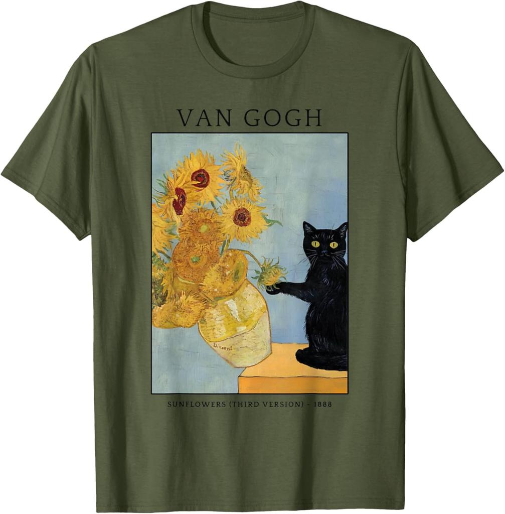 Černá kočka Van Gogh Slunečnice Umělecká parodie Grafické tričko Měkká bavlna Ležérní tričko s kulatým výstřihem