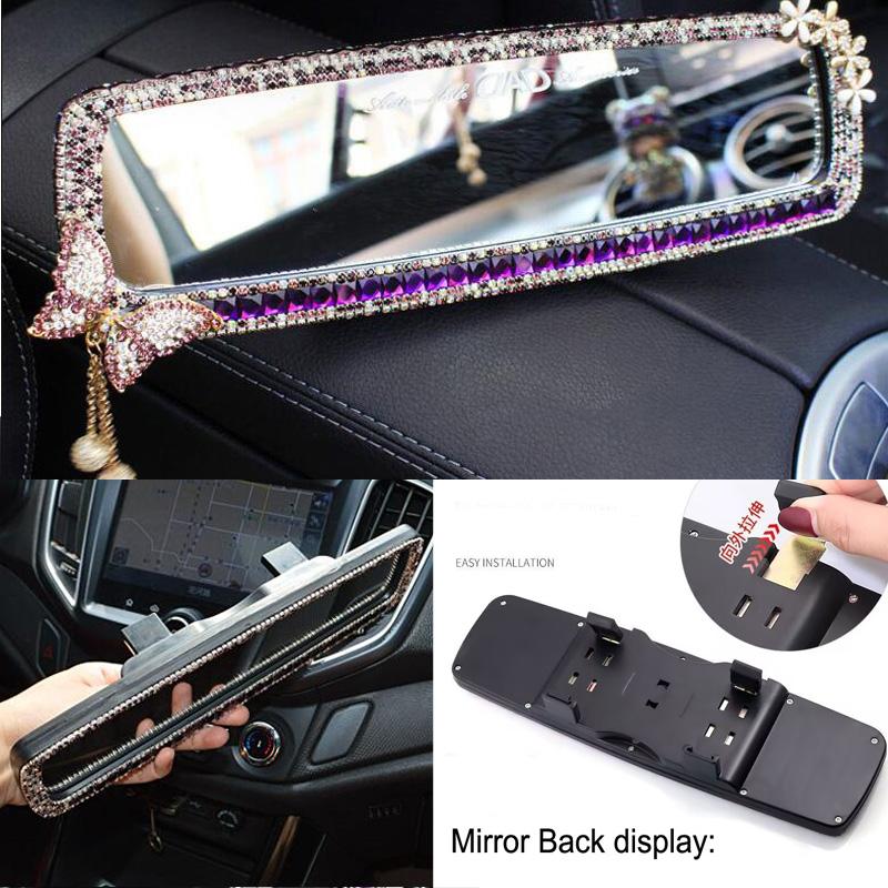 Cute Cartoon Butterfly Rhinestone Car Interior Mirror Decor Bowknot Crystal Diamond Rear Mirror Ornament Women Car Accessories