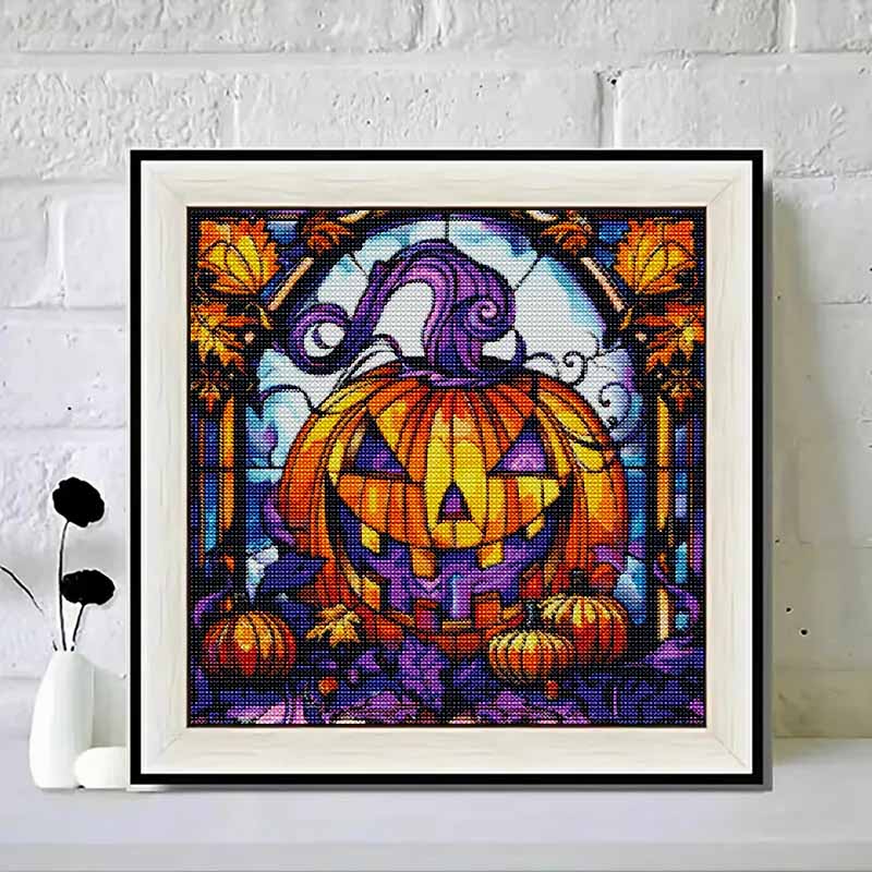 Diamond Painting Kit Halloween Pumpkin Stained Glass Design DIY 5D Full Drill Canvas Art Relaxing Bedroom Wall Decor Craft Home