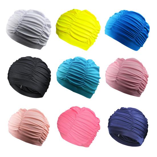 Women Cloth Swimming Cap, Breathable Ruffle Solid Color Swim Pool Cap for Adults, Short Long Thick Hair Ear Protection Bathing Hat