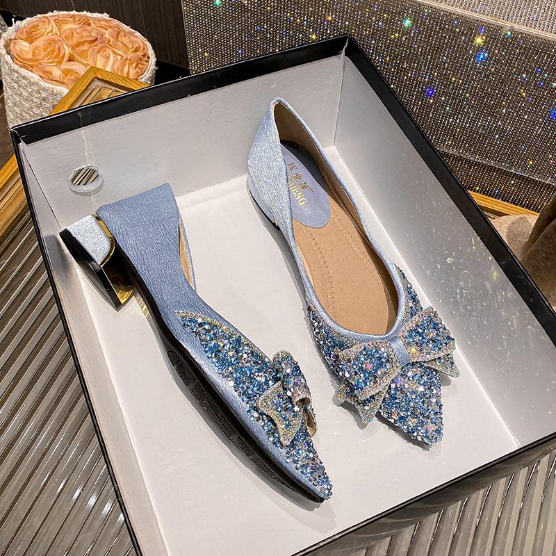 Coarse Heel Single Shoes Women's New Bow Rhinestone High Heels Pointed Head Shallow Mouth Large Size -