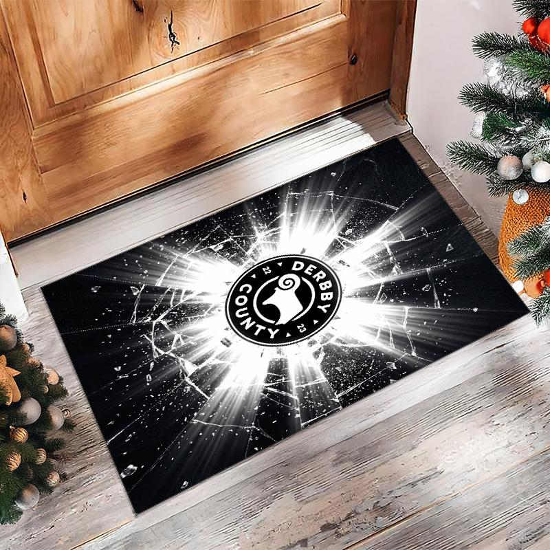 Derby County Football Print Crystal Velvet Rug, Comfortable Water Absorbent Non Slip Indoor Floor Carpet