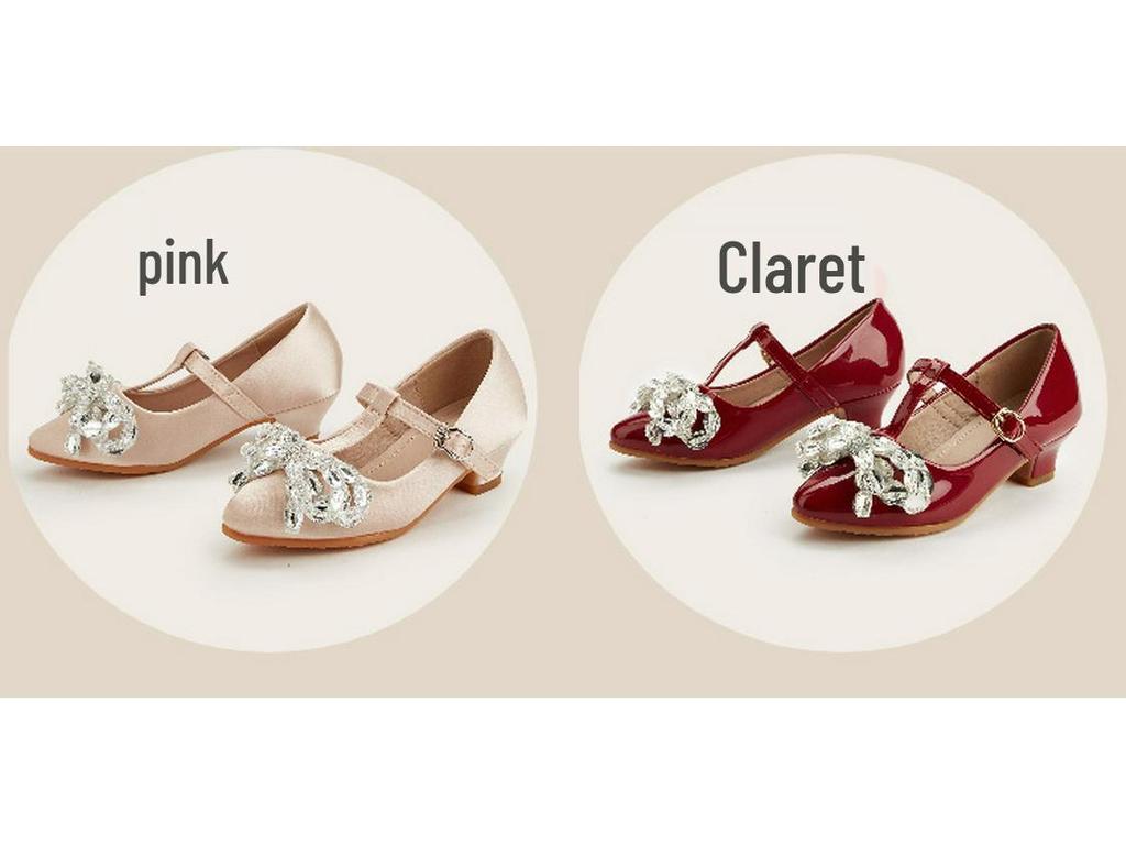 2025 Winter Crystal Flower Bow High Heels for Girls - Pointed Toe Leather Shoes for Small and Medium Children