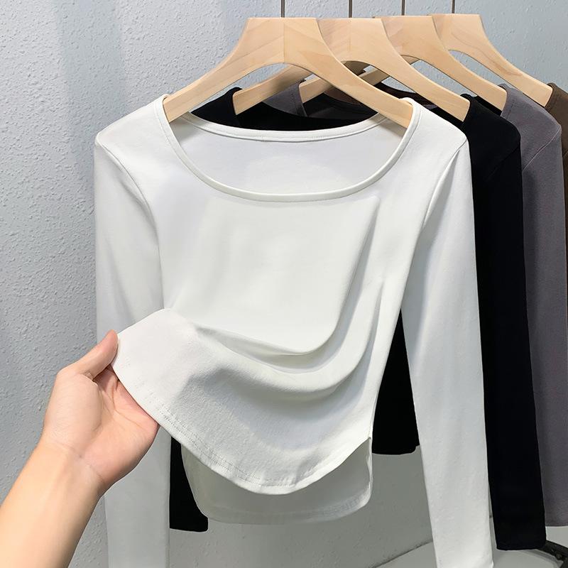 

Черный топ с длинными рукавами и квадратной французской ключицей для женщин, новое осеннее нижнее белье и уникальная и красивая футболка one size fits all белый